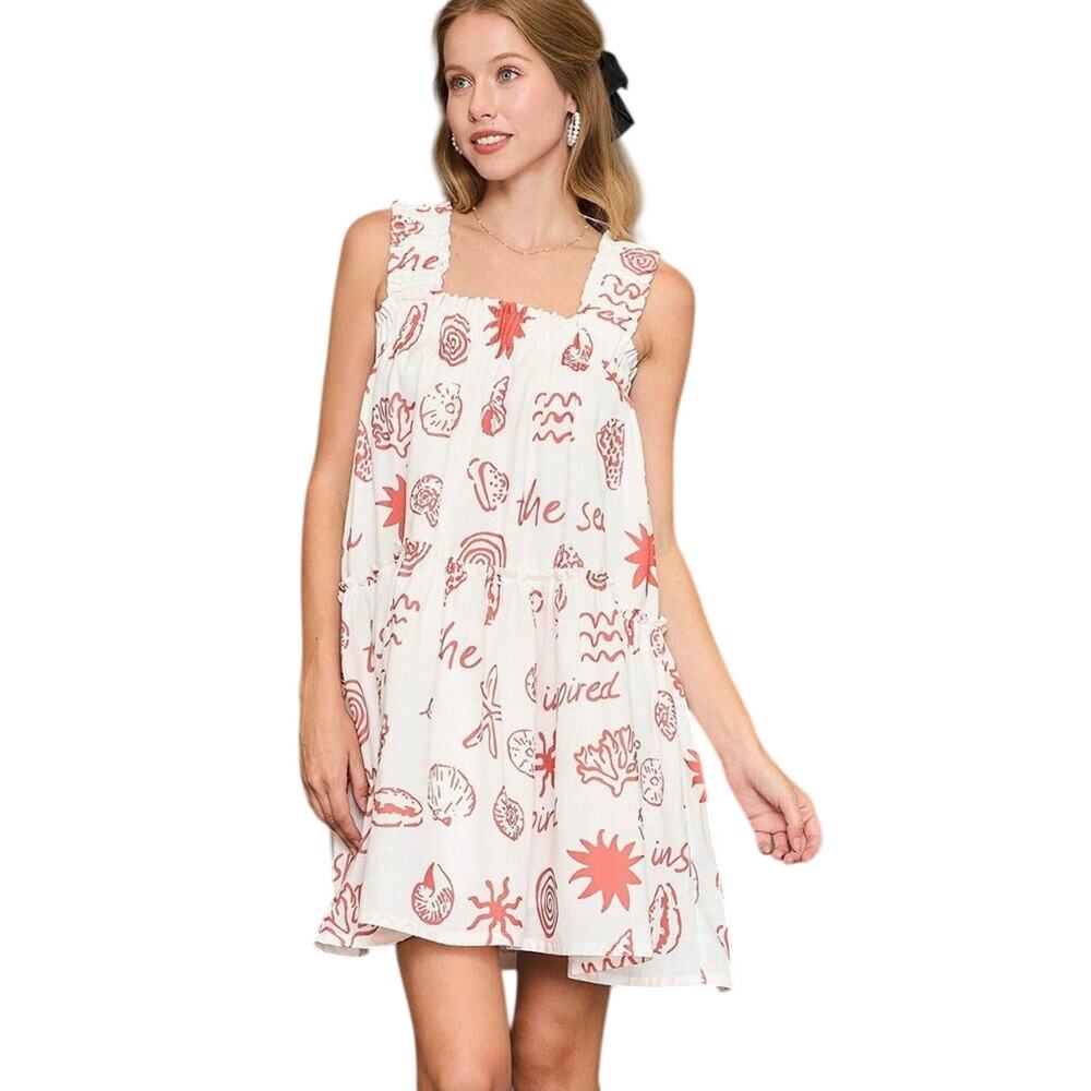 NWT Umgee Coastal Seashell Print Babydoll Dress | Resort Vacation Medium